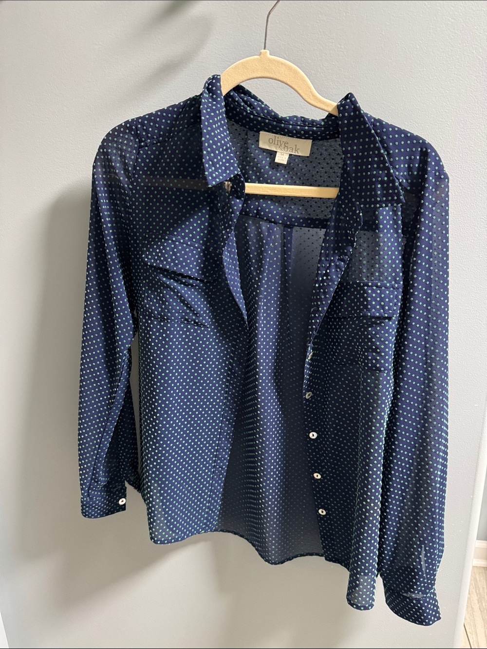 Olive & Oak Navy Blue sheer button down Shirt with White Micro Dot Pattern